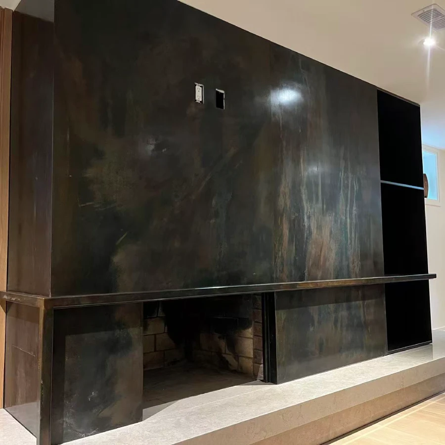 custom patina metal fireplace surround