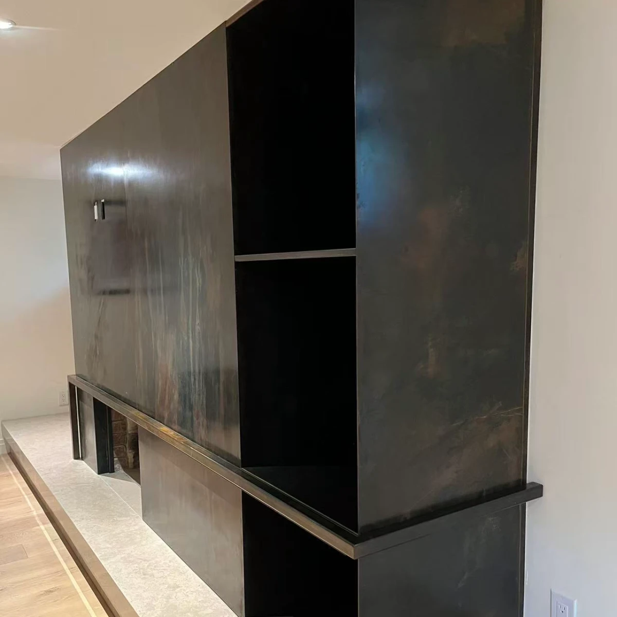built in patina bookcases